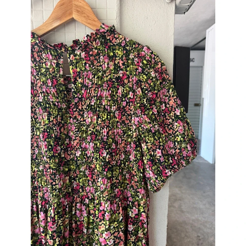 Crown & Ivy Floral Smocked Tiered Maxi Dress Pink Green Cotton Short Sleeve XXL - Picture 6 of 9